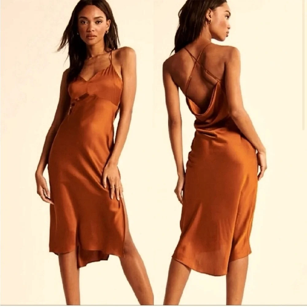 Abercrombie & Fitch Satin Slip Midi Dress in Rust